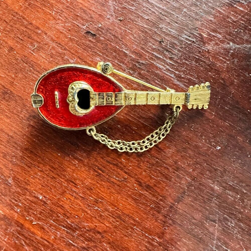 Vintage Mandolin Musical Instrument Enamel Gold Tone Brooch